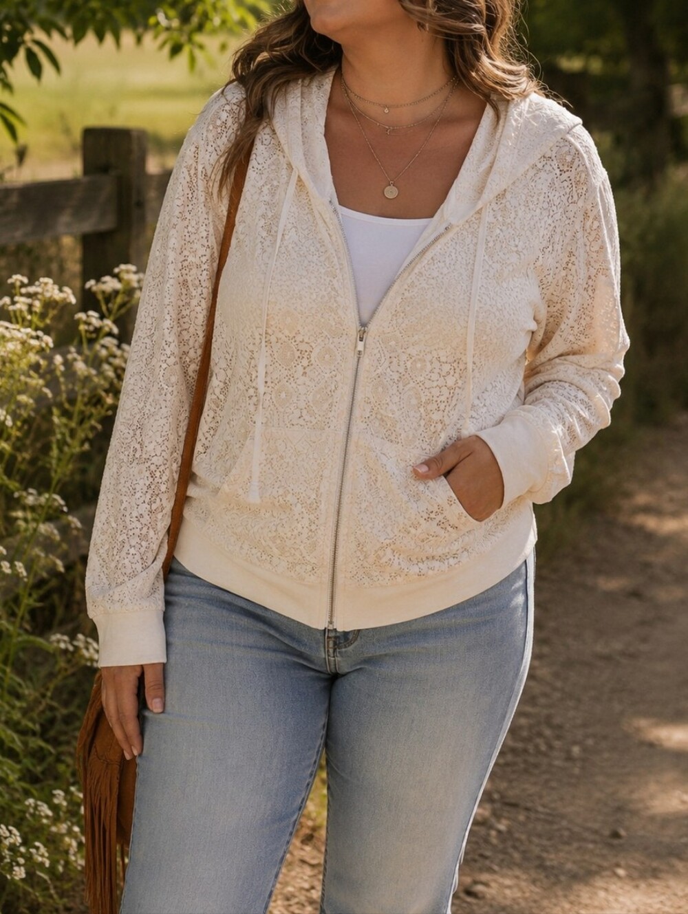 Outback Trading Co Cream 100% Cotton Lace Zip Up Hoodie Boho Cottagecore